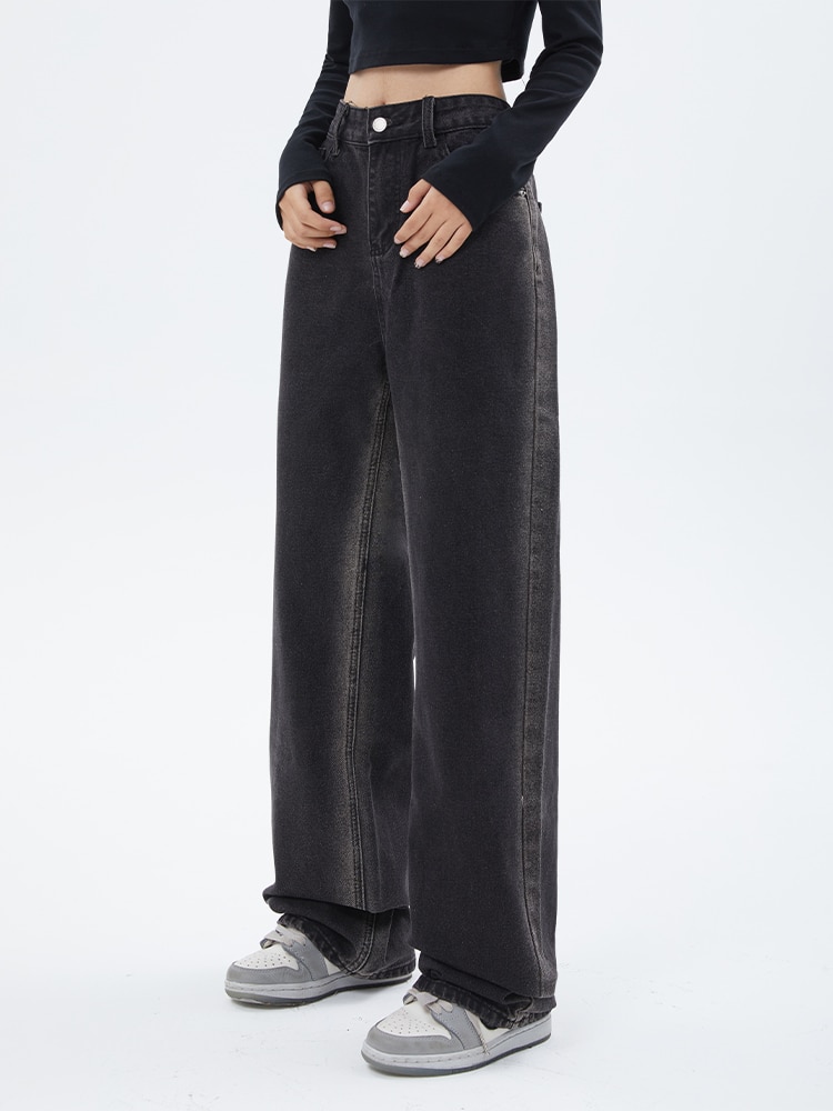 Korean Style Casual Loose Women Wide Leg Black Jeans Trousers Autumn High Waist Pockets Female Floor-Length Denim Pants 2022 New